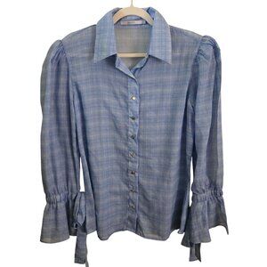 Razzo Brazil Puff Bell Tie Sleeve Blue Plaid Lightweight Blouse Size 44